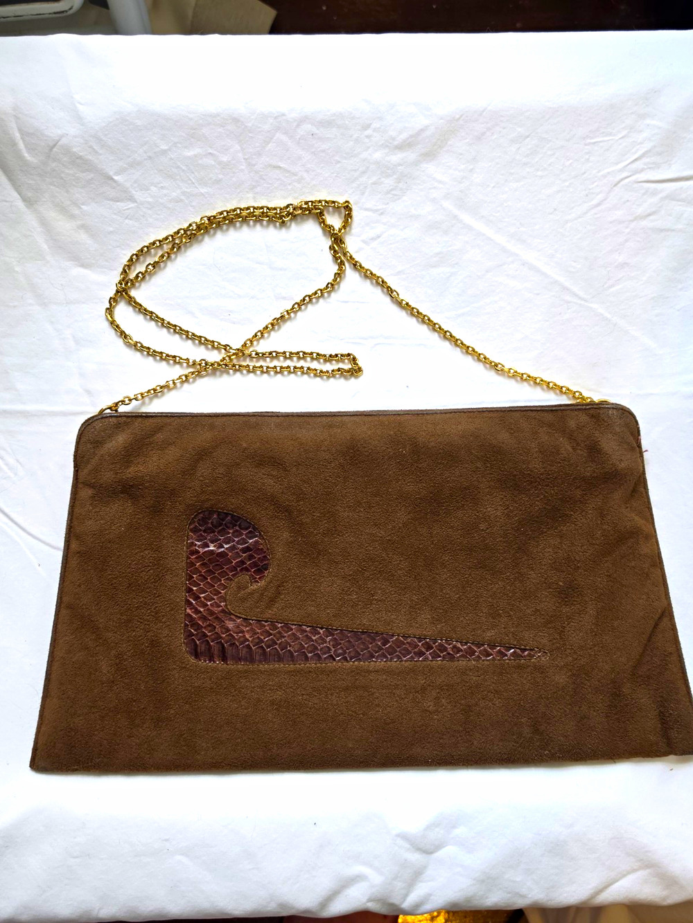 Vtg Suede Pierre Cardin Brown Shoulder/Clutch Bag Facile Frame Gold Chain Strap